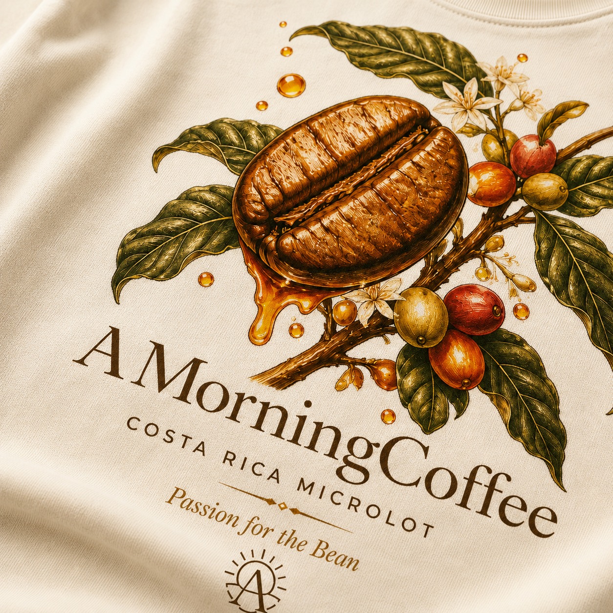 AMorningCoffee botanical coffee tree shirt on cream fabric