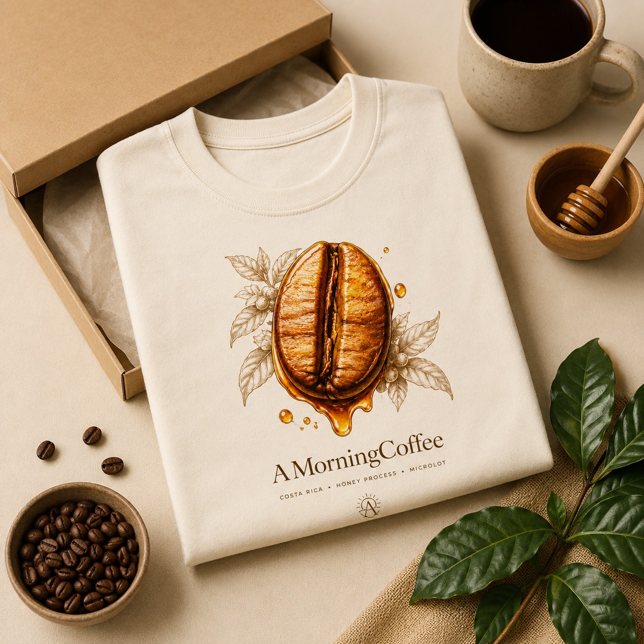 AMorningCoffee shirt styled with coffee accessories for a product page photo