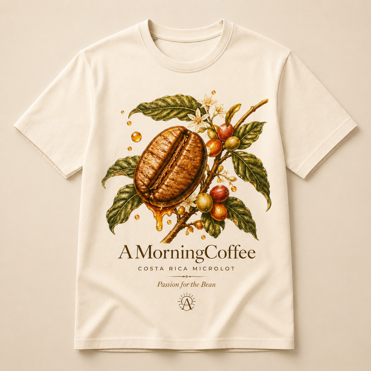 AMorningCoffee honey processed coffee bean shirt on a cream tee