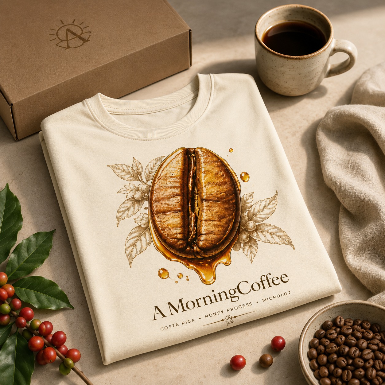 AMorningCoffee shirt product still life with coffee mood